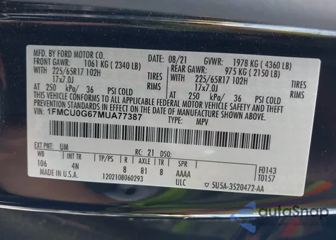 2021 Ford Escape Se z USA, uszkodzony, nr VIN 1FMCU0G67MUA77387